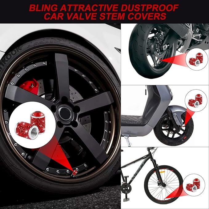 Alpmosn Car Wheel Tire Valve Caps, 4 PCS Bling Tire Valve Caps, Crystal Tire Caps Shinny Rhinestone for Women, Universal Car Dustproof Tire Valve Caps for Cars, Trucks, SUV and Motorcycles (Red)