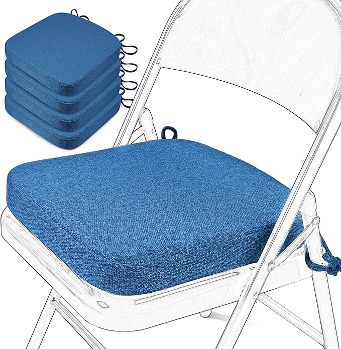 SINOSSO Memory Foam Chair Cushions for Folding Chairs 4 Pack, Thickened 2" Square Pads with Ties for Kitchen Chairs, Indoor Non-Slip Dining Chair Seat Cushions (Set of 4, Blue)
