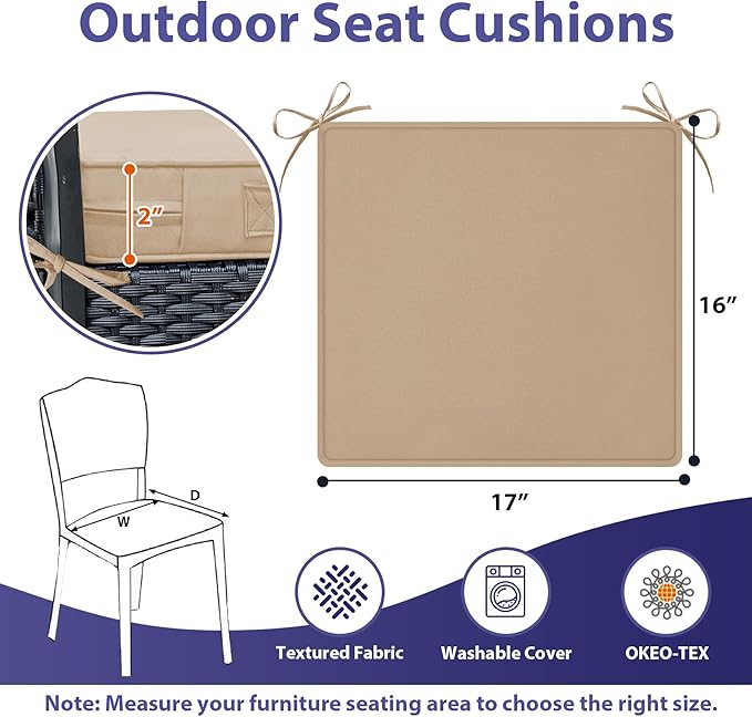 IPYNBAP Outdoor Chair Cushions Set of 4 -Waterproof Outdoor Seat Cushions for Patio Furniture, Patio Chair Cushion with Handle and Ties, Out Door Chair Pads,17x16x2-Square,Beige