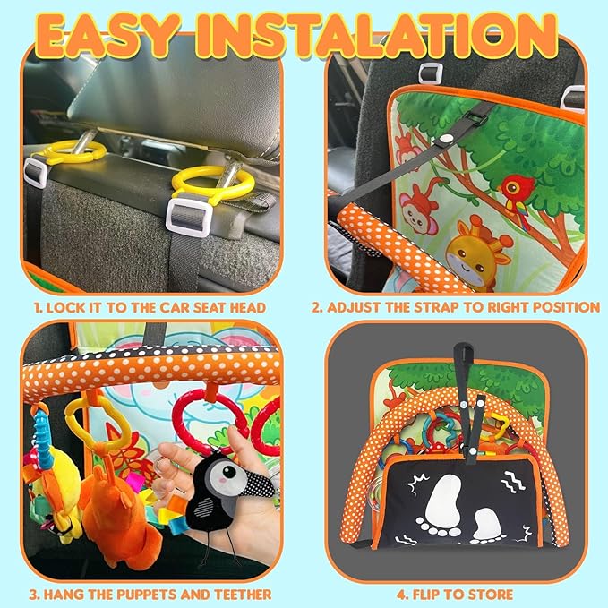 Baby Car Seat Animals Toys - Kick and Play Double Sided Infant Car Seat Toys with Plush Toys, Mirror, Teether for Baby, Babys Travel Activities, Christmas Birthday Gifts Newborn Infant Toys