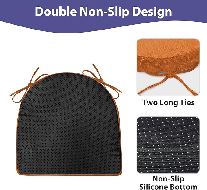 IPYNBAP Chair Cushions for Dining Chairs, Kitchen Chair Cushions, 16'' x 16'' x 2'', Non Slip Indoor Seat Cushions, Chair Pads for Dining Chairs with Ties & Removable Cover, Set of 4, Rust