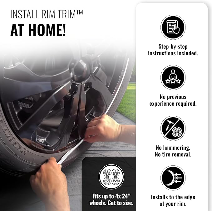 All-Fit Automotive Rim Trim – Durable DIY Car Exterior Accessories for Curb Rash Protection – Fits Up to Four 24” Wheels – Flexible, Durable Wheel Rim Protector (3/8″ width/White)