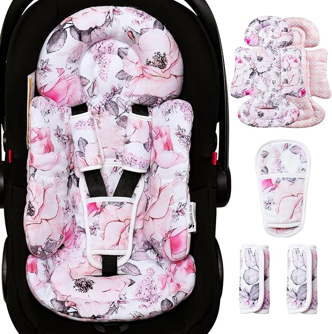 BOMOLOUR Infant Car Seat Insert, Enlarged Head Support for Baby Carseat, Reversible Newborn Insert with 3 Strap Covers, 2-in-1 Baby Car Seat Cushion for Stroller, Swing, Bouncer, Rocker - Pink Floral