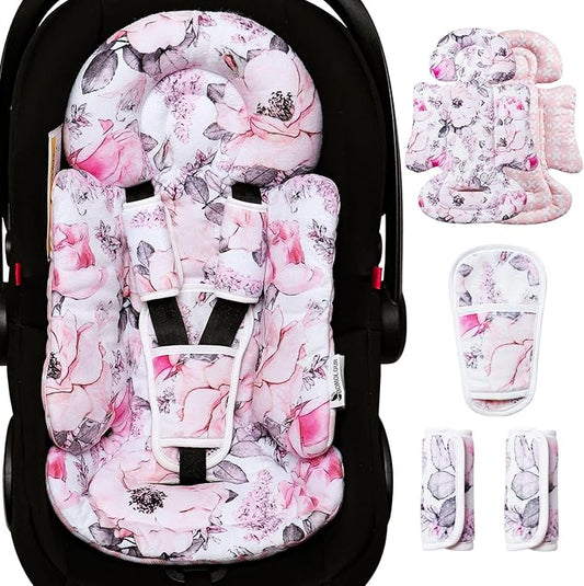 BOMOLOUR Infant Car Seat Insert, Enlarged Head Support for Baby Carseat, Reversible Newborn Insert with 3 Strap Covers, 2-in-1 Baby Car Seat Cushion for Stroller, Swing, Bouncer, Rocker - Pink Floral