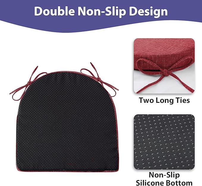 IPYNBAP Chair Cushions for Dining Chairs, Kitchen Chair Cushions, 16'' x 16'' x 2'', Non Slip Indoor Seat Cushions, Chair Pads for Dining Chairs with Ties & Removable Cover, Set of 4, Red
