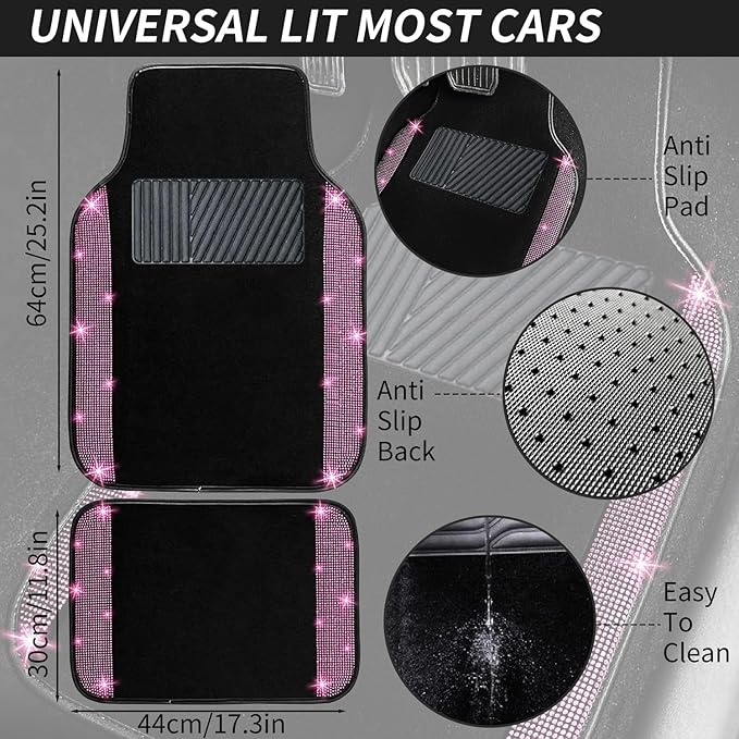 NBTEPEM 12 Pcs Bling Car Accessories Set for Women Car Floor Mats Full Set Steering Wheel Cover Seat Belt Covers Coasters Universal Fit Car SUV Truck Van Pink