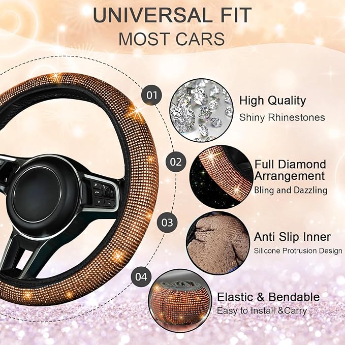 NBTEPEM 8 pcs Orange Bling Car Accessories Set for Women, Steering Wheel Cover, Sparkly Seat Belt Covers, Bling Gear Shift Cover, Universal Fit Most Cars (Orange Diamond)