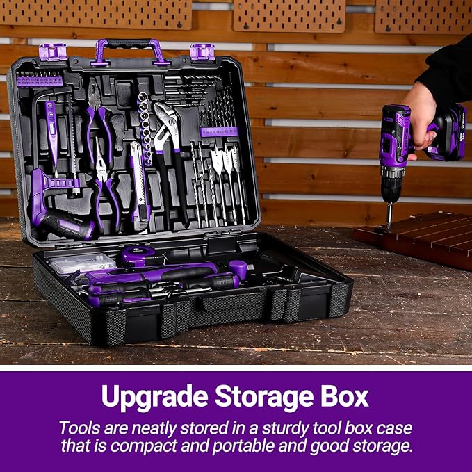 Drill Tool Kit Set: 20V Cordless Power Drill Tool Box with Battery Electric Drill Driver for Men Home Hand Repair Basic Toolbox Tools Sets Drills Case, Purple