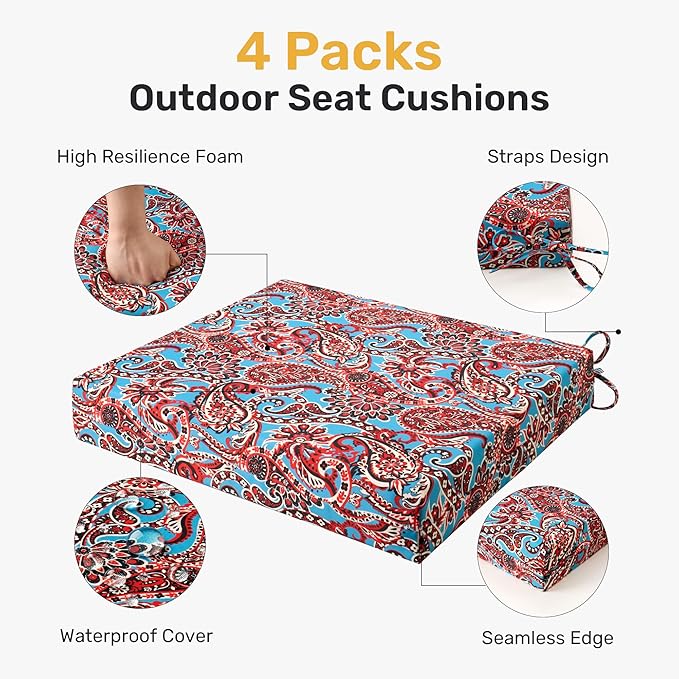 UNIKOME Outdoor Chair Cushions Pack of 4, Water Resistant Patio Cushions with Ties, High Density Sponge Filling Square Corner Seat Cushions for Outdoor Furniture, 24"*24"*4", Brown Paisley