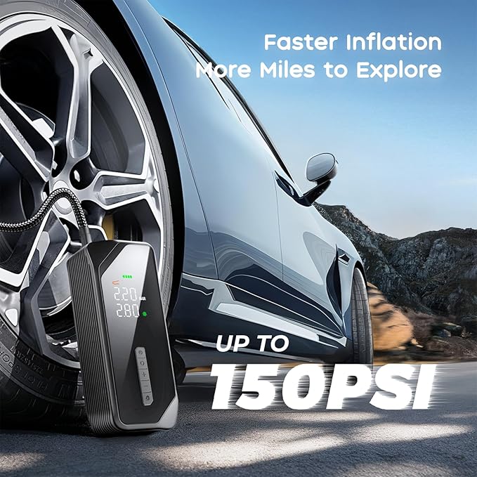 Car Tire Inflator Portable Air Compressor–150 PSI Air Pump for Car Tires, Air Compressor for Car, Cordless Bike Pump with Digital Pressure Gauge, 4 Preset Modes for Car Bike Motorcycle Balls