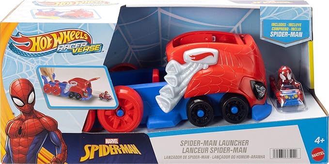 Hot Wheels Toy Car Track Set, Spider-Man Large-Scale Launcher and Hauler with Die-Cast RacerVerse Vehicle