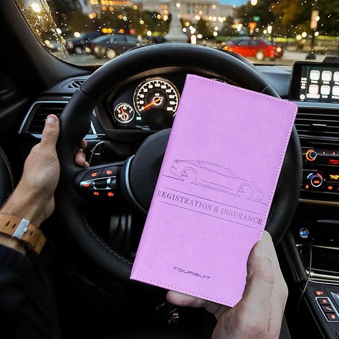 TOURSUIT Car Registration and Insurance Card Holder, Vehicle License Document Glove Box Compartment Organizer, Interior Car Accessories for Women Men Teens (Purple)
