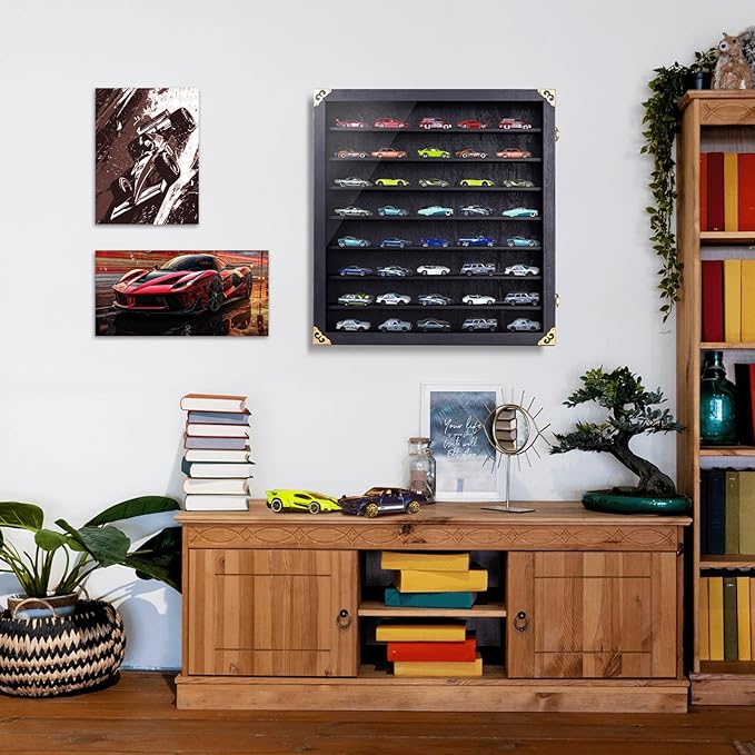 Giant Hotwheels Display Case with Wall Mounts,Display up to 80 Cars ,Model Hot Toy Cars Storage Organizer,15.7*2.75*16.7 Inches,UV Protection Acrylic Glass Door,Gold Lock,Black