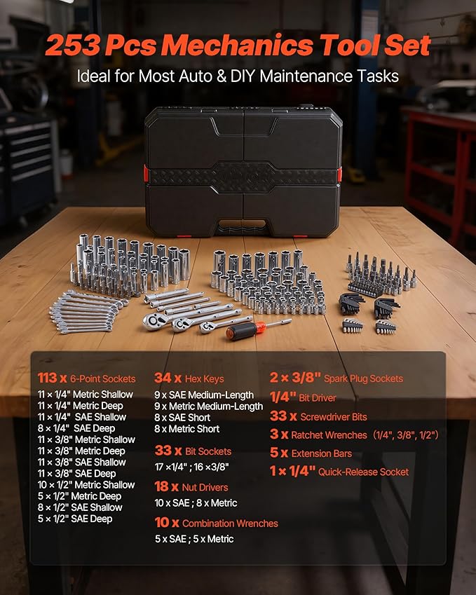 VEVOR Mechanics Tool Set, 253-Piece Mechanic Tool Kit, 1/4 in, 3/8 in, and 1/2 in Drive, SAE and Metric Socket Set, Wrenches, Screwdriver Bits, Accessories, and Storage Case, for Automotive Repair