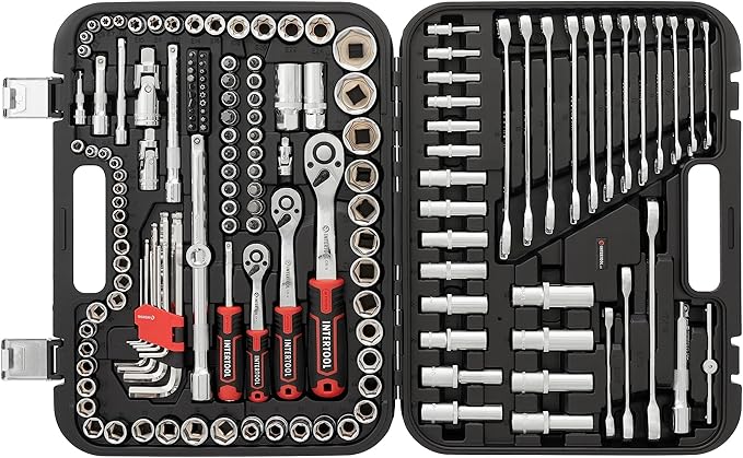 INTERTOOL Metric Socket Set, 1/4” 3/8” 1/2” Drive, 156-Piece, Ratchet Box Wrenches, Quick Release Ratchets, Extensions, Adapters, Security Bits, Screwdriver, Hex Keys, Hard Case, Tool Gift, ET08-8156