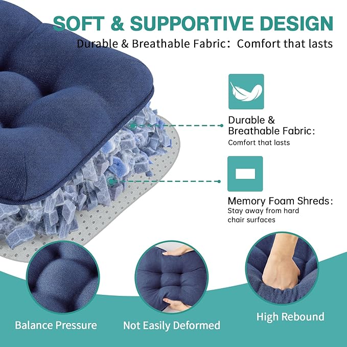 BETU Chair Cushions for Dining Chairs Set of 6,3.5" Thick Outdoor Indoor Chair Pads with Ties,Non Slip Backing and Covers, Seat Cushion for Kitchen Dining,Bar,Patio Furniture15.5"X15.5"X3.5",Navy Blue