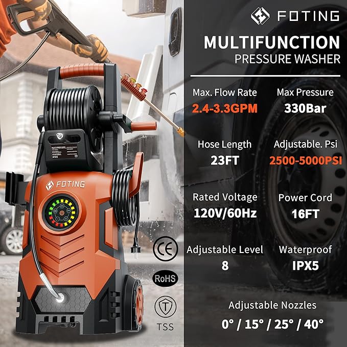 2026Upgraded Pressure Washer 5000PSI with Adjustable Touch Screen 8 Level, 34" Tall, 4 Quick Connect Nozzles,Inlet Hose&Filter&500mlFoam Cannon for Cars/Fences/Driveways/Home Cleaning,Red
