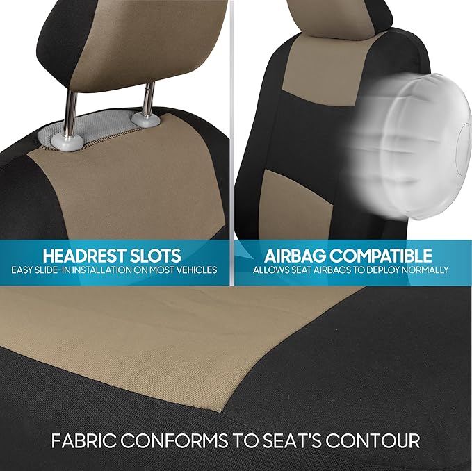 BDK PolyPro Seat Covers Full Set in Beige on Black – Front and Rear Split Bench Seat Covers for Cars, Easy to Install , Car Accessories for Auto Trucks Van SUV