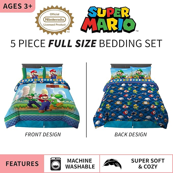 Super Mario Kids Full Size Bedding, 5 Piece Super Soft Cozy Reversible Comforter and Sheet Set, (Officially Licensed Product) By Franco