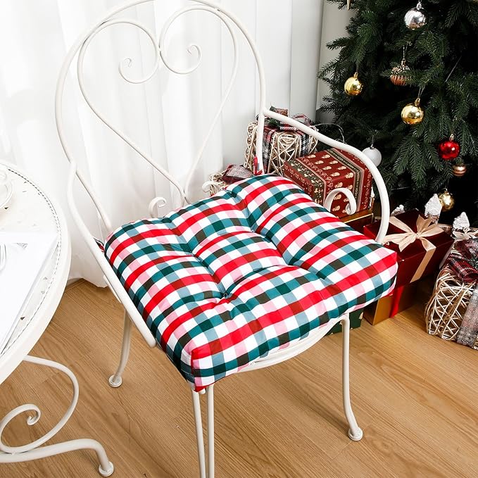 Geetery 4 Pack Christmas Chair Cushions for Dining Chairs, 16" x 15" Red and Green Kitchen Chair Cushions with Ties Buffalo Plaid Soft Comfy Seat Pads for Home Office Living Room Outdoor Indoor