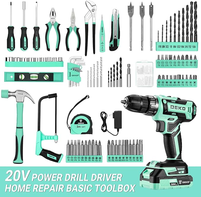 Drill Tool Kit Set: 20V Cordless Power Drill Tool Box with Battery Electric Drill Driver for Men Home Hand Repair Basic Toolbox Tools Sets Drills Case, Turquoise