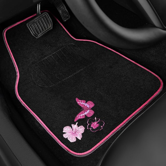 CAR PASS Embroidery Butterfly Steering Wheel Cover and Waterproof Car Floor Mats,Pink Car Mats 14.5-15inch Steering Wheel Covers Universal Fit for Cars, Suvs,Sedans,Van,for Women Girl(Black and Pink)
