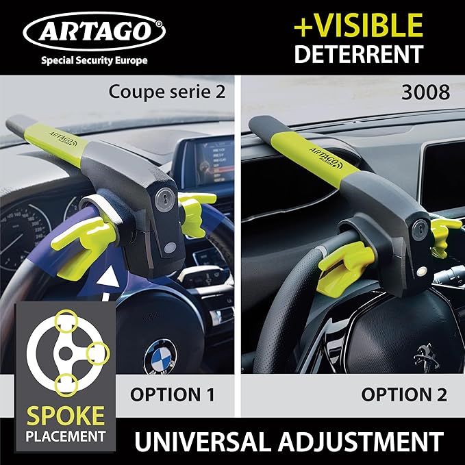 ARTAGO 870 High-End Steering Wheel Lock 2in1 | Smart Alarm, 120dB, Theft Attempt Warning, Night LED Alert | More Secure & Deterrent Around a Spoke, Best Anti-Theft Device for Car SUV Pickup-Truck Van