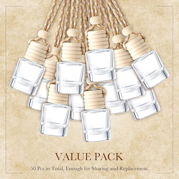BBTO 50 Pcs Hanging Car Air Freshener Car Diffuser Bottles Empty Glass Perfume Bottle Freshener Diffuser Bottle Pendant for Essential Oil Fragrance Aromatherapy Ornament (Cylinder)