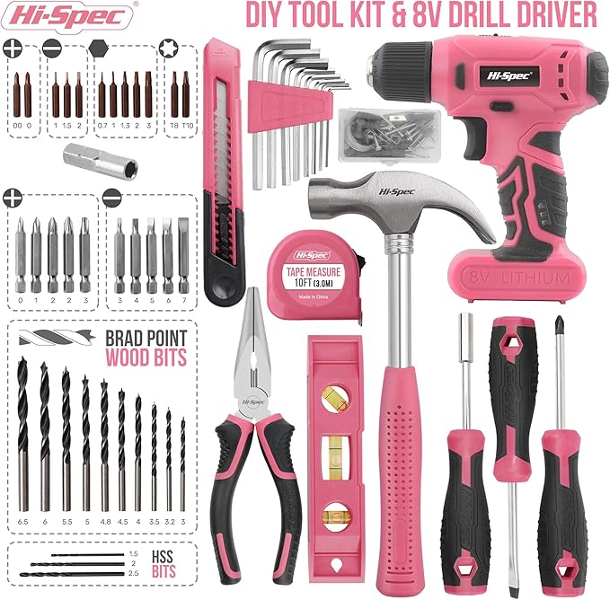 Hi-Spec 58pc Pink 8V USB Electric Power Cordless Drill Driver and Womens Ladies Home DIY Tool Kit Set. Screwdrivers, Drill Bit Set Accessories, Pliers and Hammer In a Toolbox Case