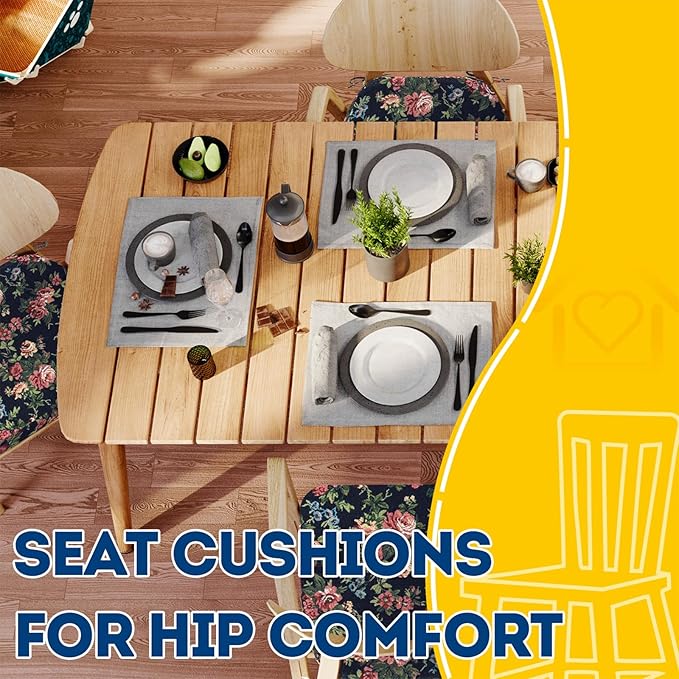 AAAAAcessories D-Shaped Chair Cushions, 2" Thick Dining Chair Pads with Ties and Removable, Machine-Washable Cover, 17" x 16", Set of 2, Night-Blooming Blossoms