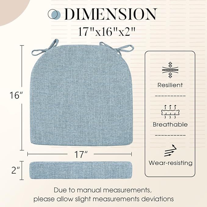 Basic Beyond Chair Cushions for Dining Chairs with Ties and Removable Cover, 2" Thick Seat Cushions for Kitchen Chairs, Set of 4, 17" x 16", Baby Blue