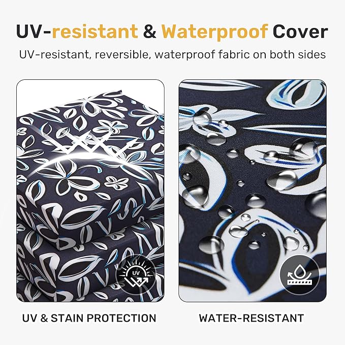 UNIKOME Outdoor Chair Cushions Pack of 4, Water Resistant Patio Cushions with Ties, High Density Sponge Filling Square Corner Seat Cushions for Outdoor Furniture, 19"*19"*3", Navy/White