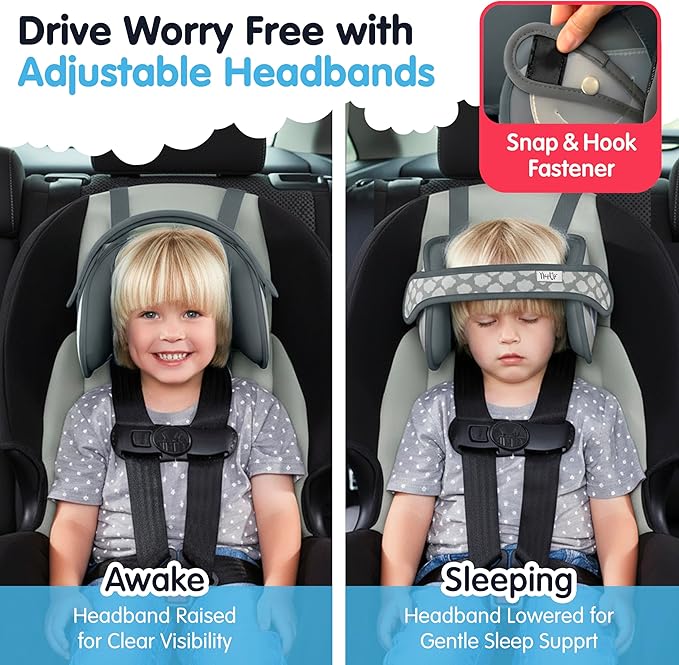 NapUp Adjustable Head Support for Car Seat – Patented & Crash-Tested Anti-Bobbing Head Holder Strap, Comfortable Sleep Solution - Breathable Fabric, Kids Travel Accessories - Ages 2+ - Grey