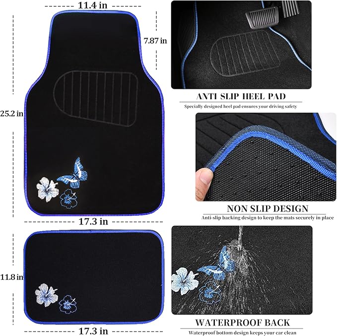 CAR PASS Universal Fit Embroidery Butterfly and Flower Car Floor Mats, Blue Car Floor Mats Fit 95% Automotive,SUVS,Sedan,Vans,for Women,Girly,Set of 4 (Black with Blue)