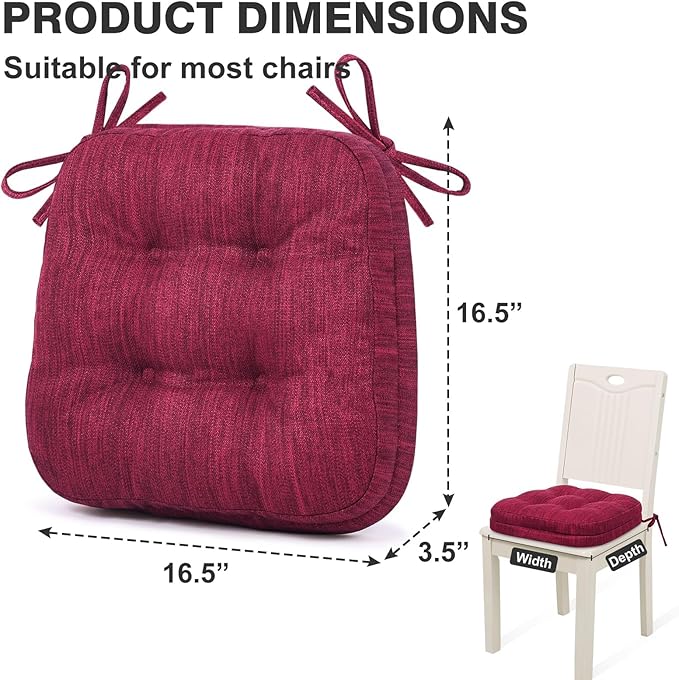 Shinnwa Dining Chair Cushions Set of 4, Dual-Layer Memory Foam Kitchen Chair Cushions, Patented Design Seat Pads with Ties, 16.5 x 16.5 x 3.5in, 4 Pack, Burgundy