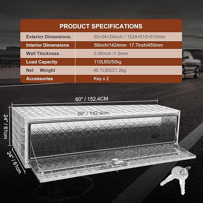 VEVOR Underbody Truck Box, 60"×24"×24" Pickup Storage Box, Heavy Duty Aluminum Diamond Plate Tool Box with Lock and Keys, Waterproof Trailer Storage Box with T-Handle Latch for Truck, Van, Trailer