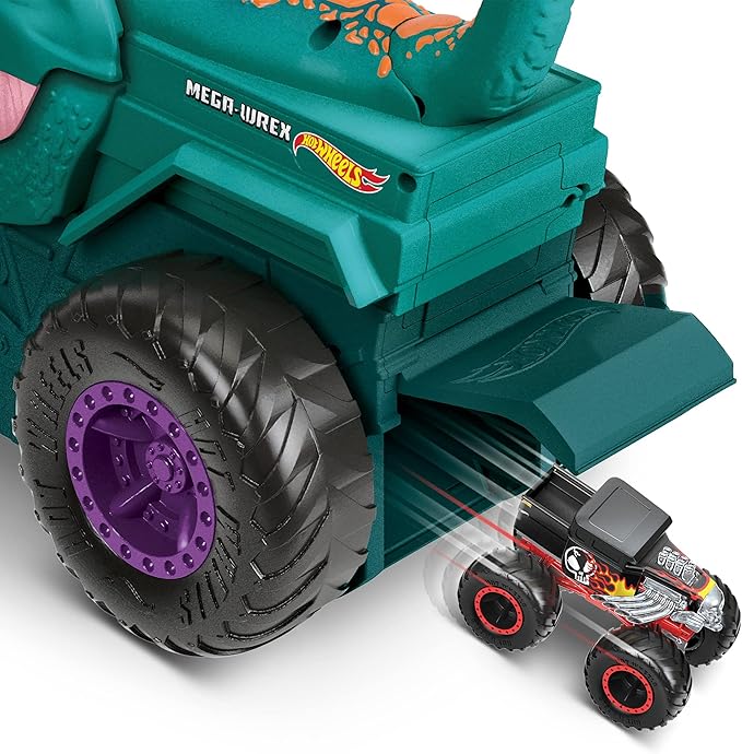 Hot Wheels Monster Trucks Car Chompin' Mega-Wrex, Large Toy Monster Truck & Toy Car, Eats & Poops 1:64 Scale Vehicles, Lights & Sounds