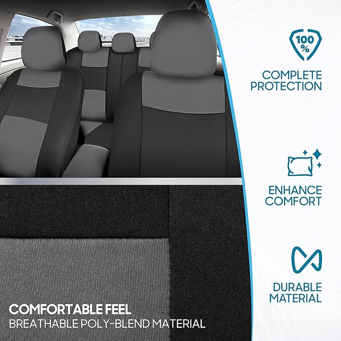 BDK PolyPro Car Seat Covers Full Set in Gray on Black, Front and Rear Split Bench Seat Covers for Cars, Easy to Install Car Seats Cover Set and Accessories for Auto Trucks Van SUV - Gray