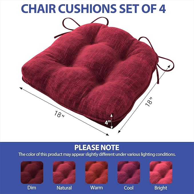 IPYNBAP Chair Cushions for Dining Chairs Set of 4, Red Kitchen Chair Cushions, Chair Pads with Ties and Non Slip Backing, Christmas Room Decor, Tufted Memory Foam Seat Cushion 4 Pack, 18"x18"x4"