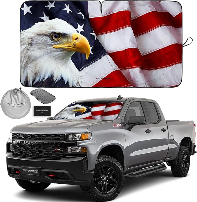 Autoamerics 1-Piece Windshield Sun Shade American Eagle Flag - 3 USA Patriotic Design - Foldable Car Front Window Sunshade for Sedans SUV Truck - Blocks Max UV Rays and Keeps Your Vehicle Cool - Large