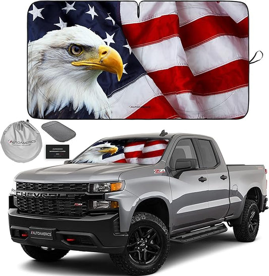 Autoamerics 1-Piece Windshield Sun Shade American Eagle Flag - 3 USA Patriotic Design - Foldable Car Front Window Sunshade for Sedans SUV Truck - Blocks Max UV Rays and Keeps Your Vehicle Cool - Large