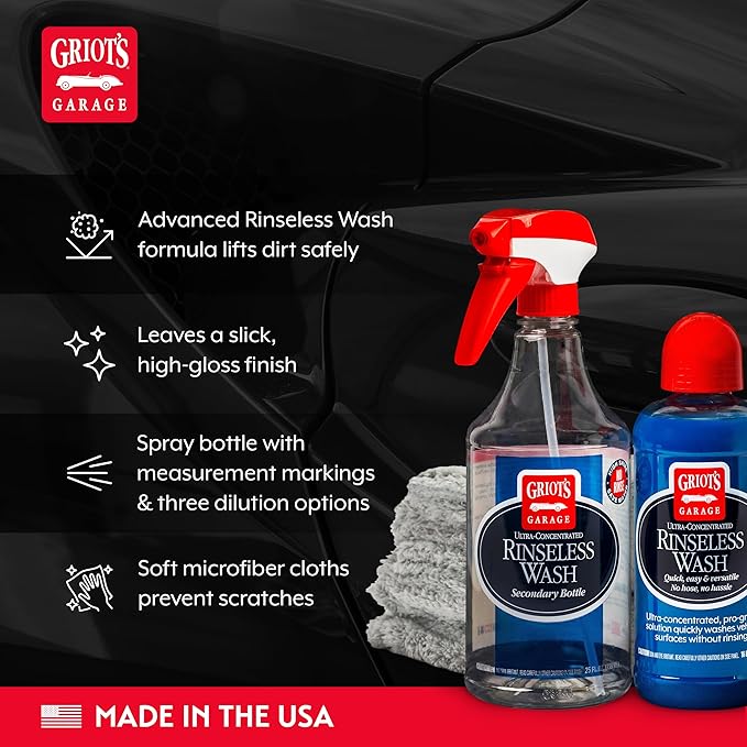 Griot's Garage Anywhere Wash Kit, Vehicle Cleaning Supplies, Includes Rinseless Wash, 16 Oz, Secondary Bottle, 25 Oz, Microfiber Plush Edgeless Wash Cloths, Set of 2