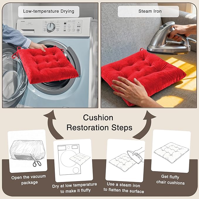 OVOV 6 Pack Chair Cushions for Dining Chairs Soft Seat Cushions for Kitchen Desk Chairs Square Chair Pads with Ties (15.5"x15.5" Red)
