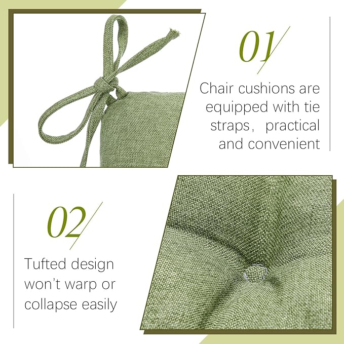 Geetery 4 Pack Chair Cushions for Dining Chairs, 16" x 15" Sage Green Kitchen Chair Cushions with Ties Buffalo Plaid Soft Comfy Seat Pads for Home Office Living Room Outdoor Indoor