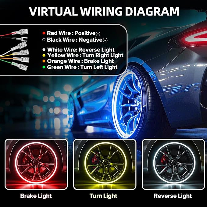 Tavaray 4PCS 17" RGB LED Wheel Ring Lights with APP & Remote Control, 178+DIY Dynamic Modes w/Turn Signal Braking and Reverse Function, IP67 Waterproof Wheel Lights for Trucks Pickups Cars Offroad