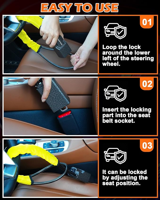 Tevlaphee Steering Wheel Lock Seat Belt Lock Universal Anti Theft Car Device Car Lock Car Theft Prevention with 3 Keys for Car Security Fit Most Vehicles Truck SUV Van (Yellow)
