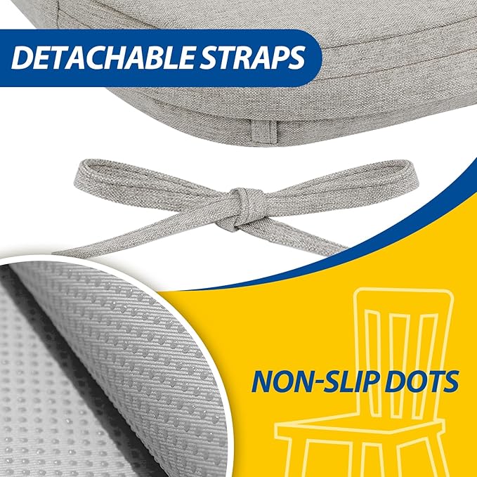 AAAAAcessories D-Shaped Chair Cushions, 2" Thick Dining Chair Pads with Ties and Removable, Machine-Washable Cover, 17" x 16", Khaki Gray