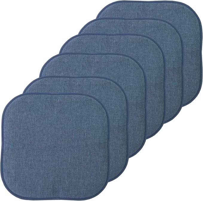 Sweet Home Collection Chair Cushion Memory Foam Pads Honeycomb Pattern Slip Non Skid Rubber Back Rounded Square 16" x 16" Seat Cover, 6 Pack, Alexis Denim
