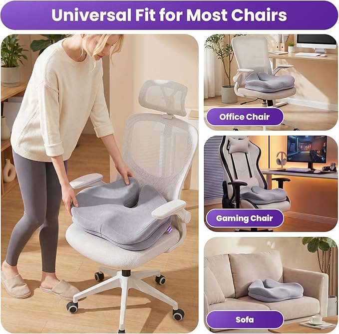 ZZ-WELL Seat Cushions for Office Chairs - Coccyx Cushion for Tailbone Pain Pressure Relief - Memory Foam Butt Pillows for Long Sitting - Patented Design, Extra Large & Thick, 21.2 Inches (Light Grey)