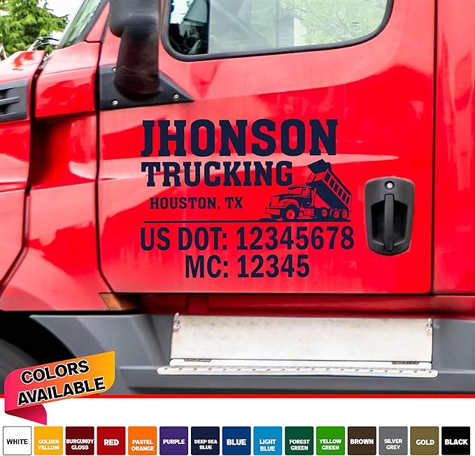 Custom Truck Door Vinyl Decal, Commercial Vehicle Lettering with DOT MC Numbers Set of 2, Multiple Colors Available Lettering Fully Customizable Sticker for Trucking